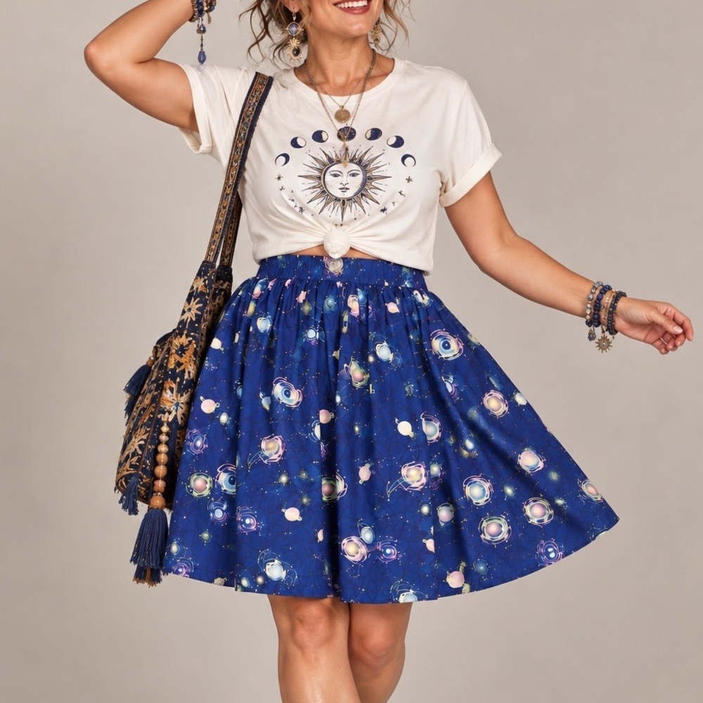 MODCLOTH Celestial Skater Skirt XL Pull-On Pockets Astronomy Planets Retro Blue